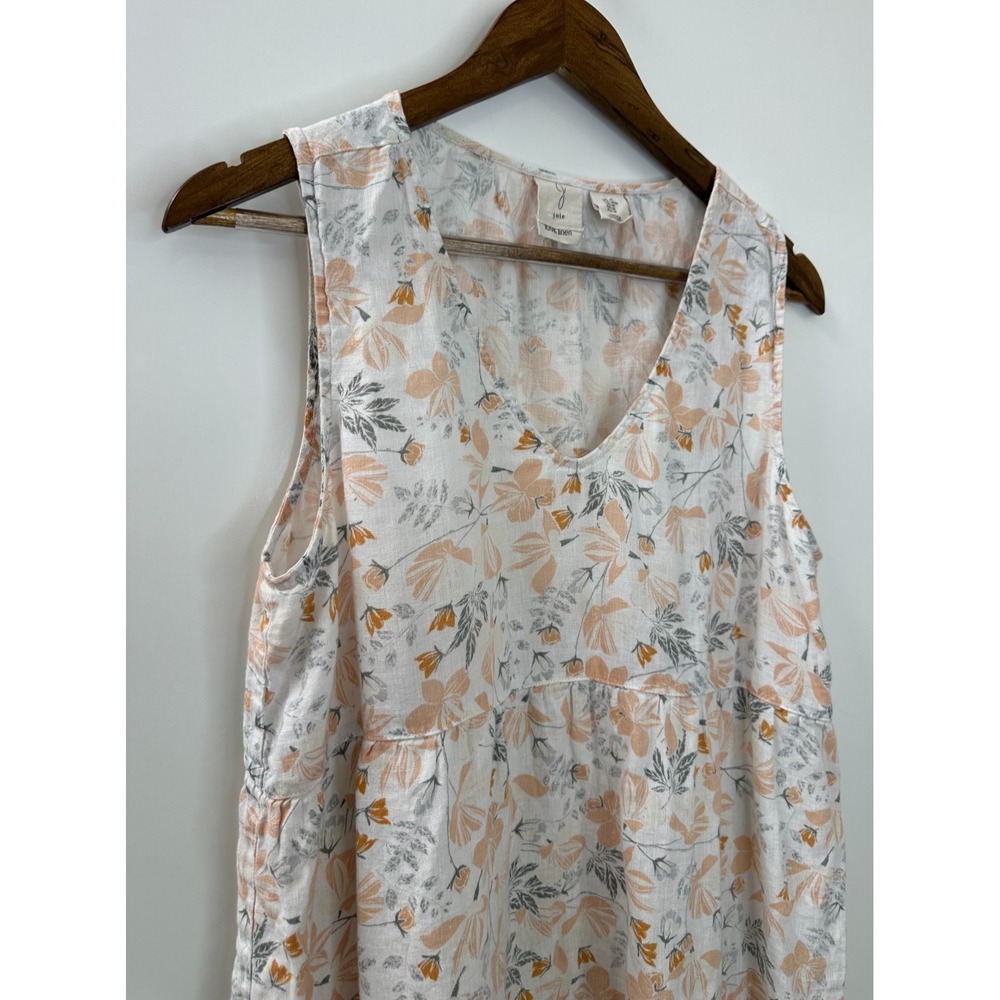Joie Cream & Peach Floral 100% Linen Tiered Sleeveless V-Neck Mini Dress Medium - Picture 4 of 13